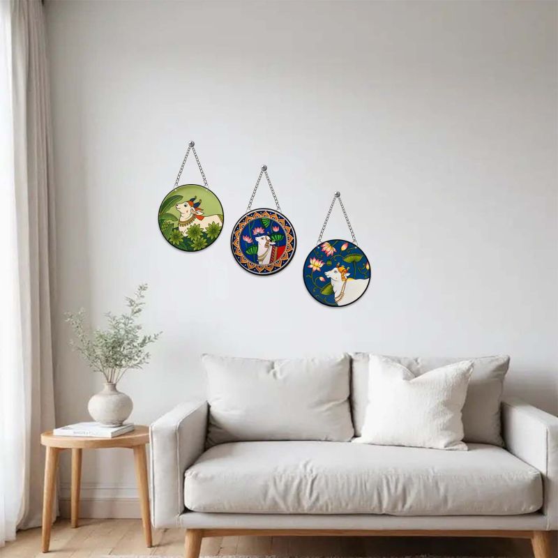 raditional Pichwai Cow Wall Hanging Set of 3 Kamdhenu & Lotus Art