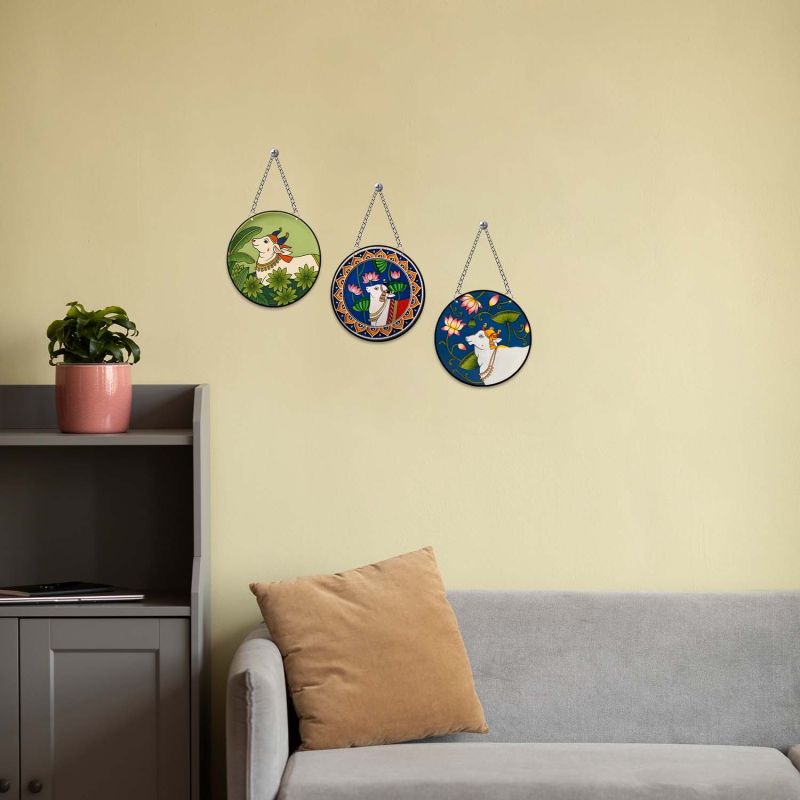 raditional Pichwai Cow Wall Hanging Set of 3 Kamdhenu & Lotus Art