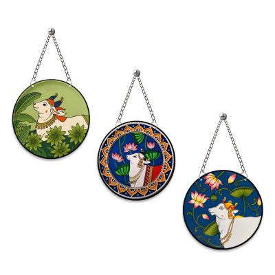 raditional Pichwai Cow Wall Hanging Set of 3 Kamdhenu & Lotus Art