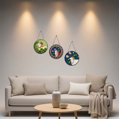 raditional Pichwai Cow Wall Hanging Set of 3 Kamdhenu & Lotus Art