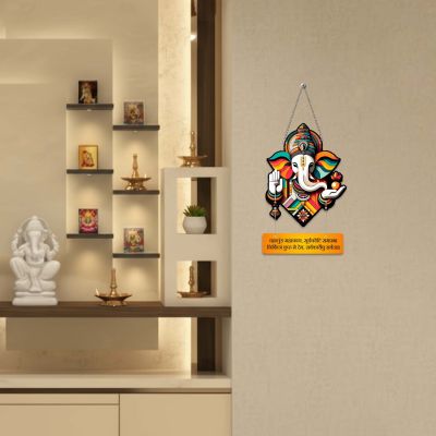 Lord Ganesha Wooden Wall Hanging with Vakratunda Mahakaya Sanskrit Mantra