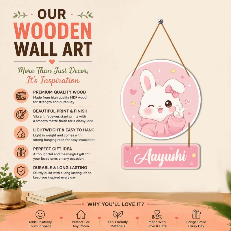 Personalized Bunny Kids Nameplate Wooden Hanging Sign for Girls Room Decor