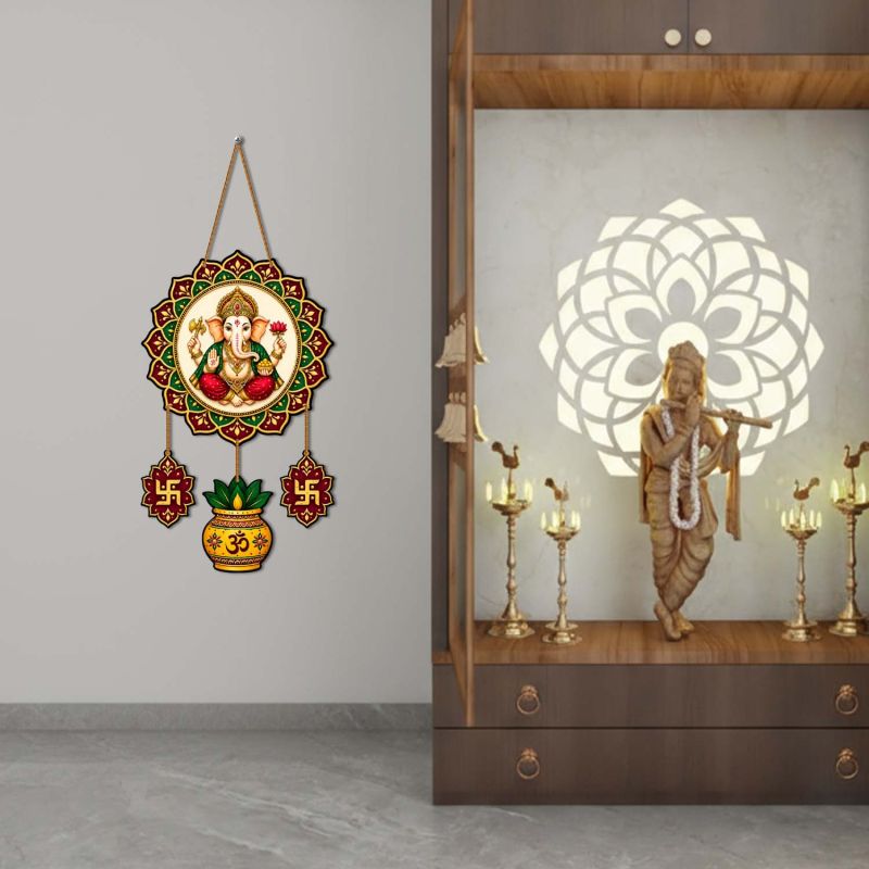 Ganesha Wall Hanging with Swastik & Kalash, Traditional Indian Diwali Pooja Decoration, Ganpati Mandir Hanging for Home, Office & Entrance Decor