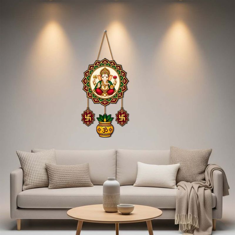 Ganesha Wall Hanging with Swastik & Kalash, Traditional Indian Diwali Pooja Decoration, Ganpati Mandir Hanging for Home, Office & Entrance Decor