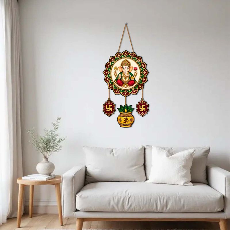 Ganesha Wall Hanging with Swastik & Kalash, Traditional Indian Diwali Pooja Decoration, Ganpati Mandir Hanging for Home, Office & Entrance Decor