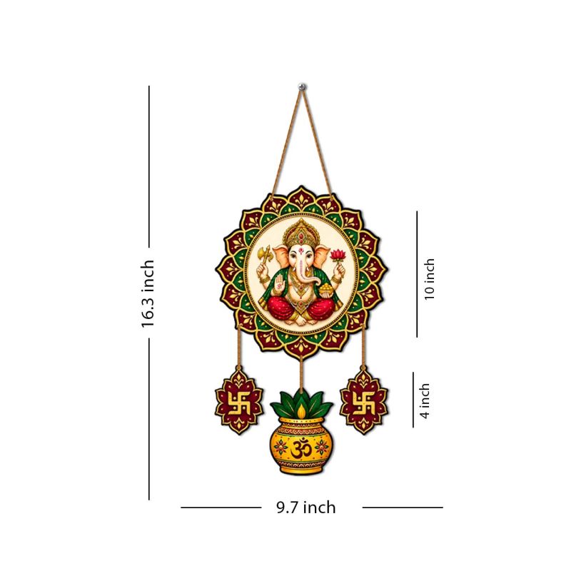 Ganesha Wall Hanging with Swastik & Kalash, Traditional Indian Diwali Pooja Decoration, Ganpati Mandir Hanging for Home, Office & Entrance Decor