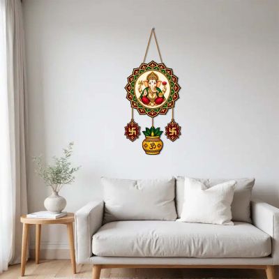 Ganesha Wall Hanging with Swastik & Kalash, Traditional Indian Diwali Pooja Decoration, Ganpati Mandir Hanging for Home, Office & Entrance Decor