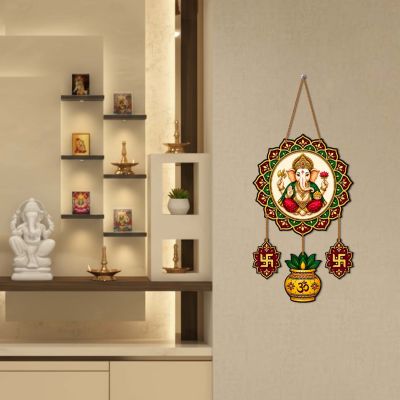 Ganesha Wall Hanging with Swastik & Kalash, Traditional Indian Diwali Pooja Decoration, Ganpati Mandir Hanging for Home, Office & Entrance Decor